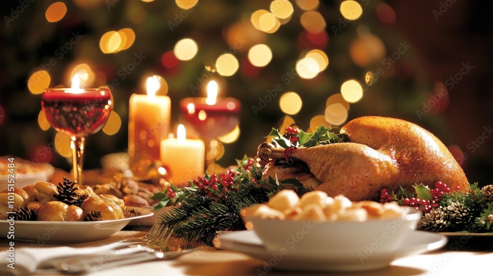 Festive Christmas Dining Table with Roasted Turkey Festive Christmas Dining Table with Roasted Turkey