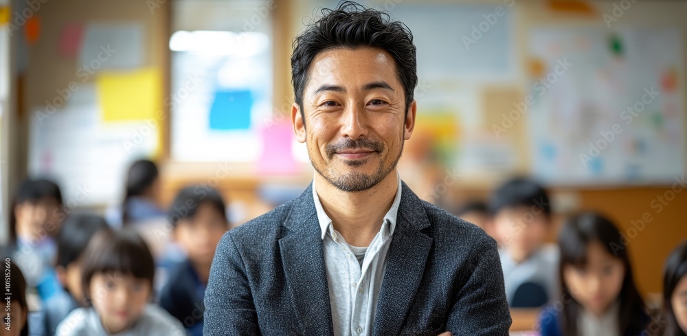 A teacher smiles confidently in a classroom full of attentive students, creating a positive learning atmosphere, This image is ideal for educational materials, teaching resources A teacher smiles confidently in a classroom full of attentive students, creating a positive learning atmosphere, This image is ideal for educational materials, teaching resources