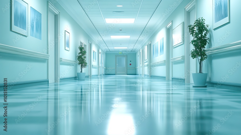 Fototapeta premium A serene hospital corridor with light blue walls and polished floors, featuring artwork and potted plants, Ideal for healthcare, medical facilities, or wellness themes in advertisements and articles,