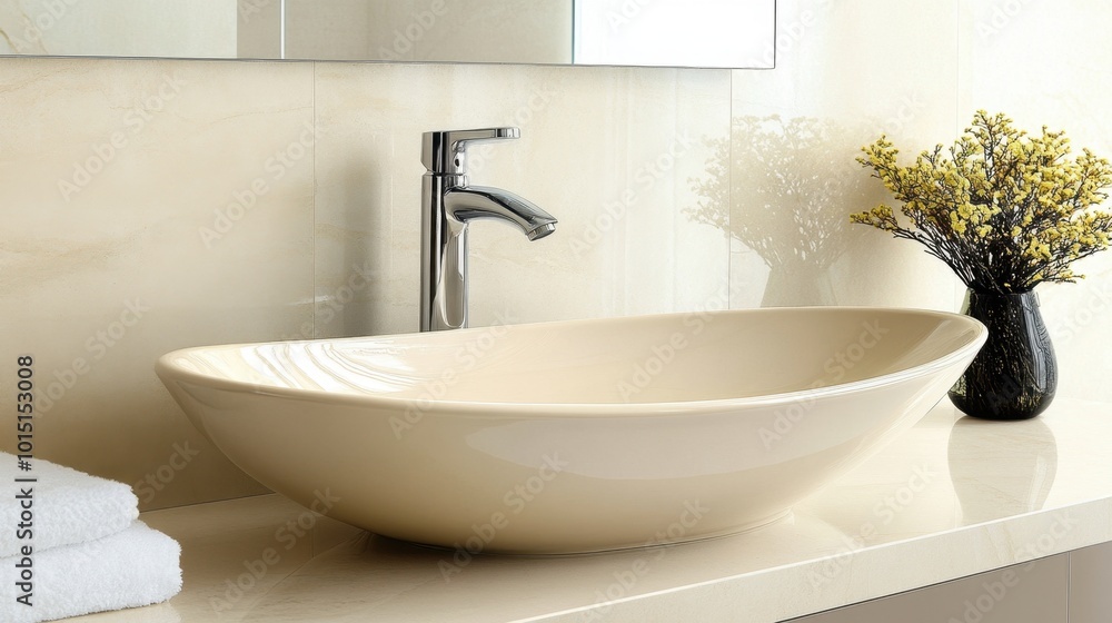 Fototapeta premium A cream-colored ceramic sink in a modern bathroom, with detailed textures and soft reflections