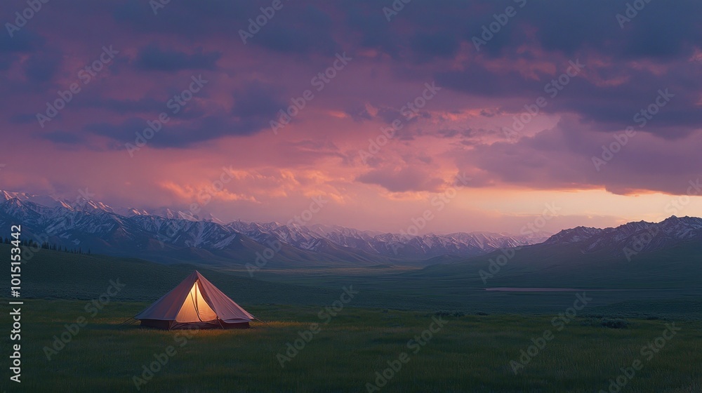 A lone tent sits in a vast meadow with snow-capped mountains in the distance as the sun sets. The sky is ablaze with pink and orange hues. A lone tent sits in a vast meadow with snow-capped mountains in the distance as the sun sets. The sky is ablaze with pink and orange hues.