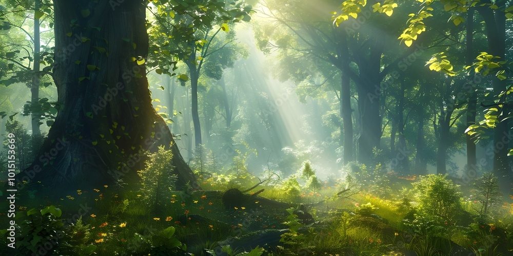 Fototapeta premium A wallpaper featuring lush green forests with tall trees and sunlight 