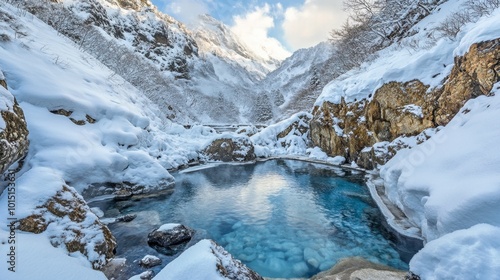 The awe-inspiring view of the Jigokudani Monkey Park in winter, with snow-covered slopes and Japanese macaques soaking in hot springs.