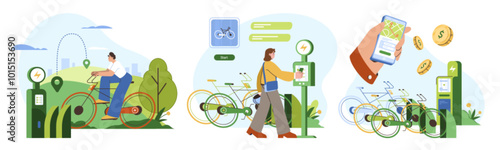 Eco friendly transport, bike sharing app. Sustainable transportation concept. Man at bicycle in park, woman using cycle rental services or return to the station. Flat young people cycling in the city