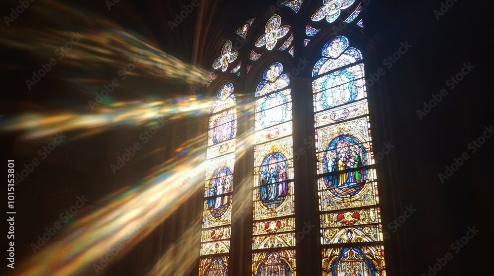 Φωτογραφία The beautiful stained glass of the Rosary Window in Notre-Dame Cathedral, with sunlight streaming through