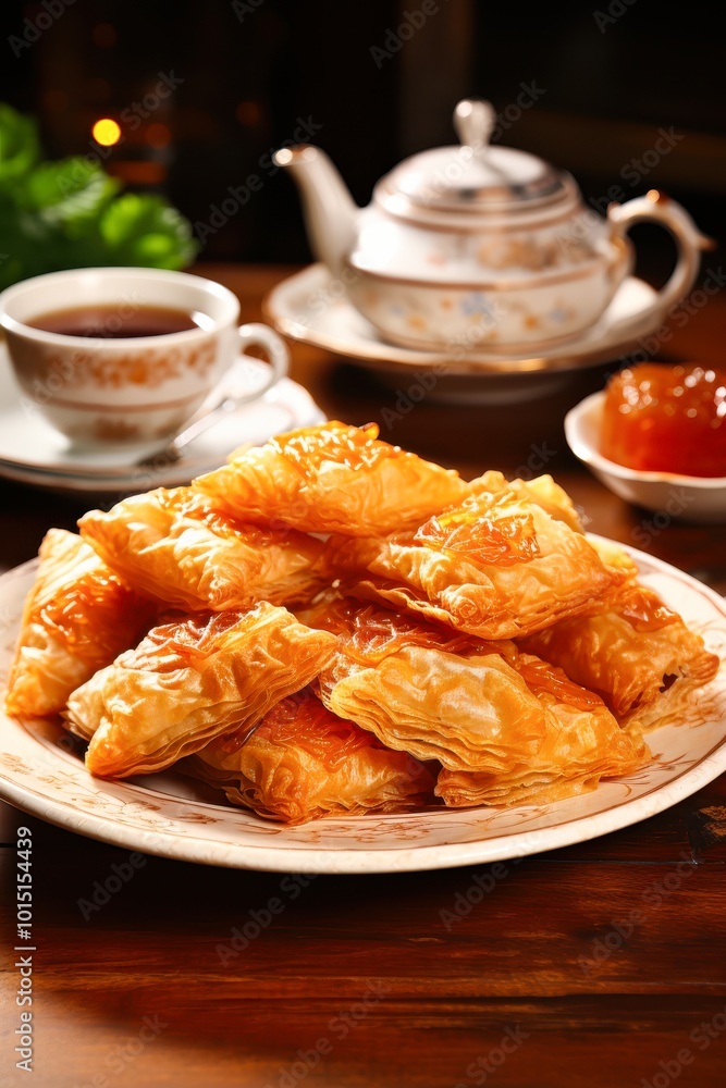 Warm, crispy pastries beautifully arranged on a plate, accompanied by a teapot and cup, create an inviting atmosphere, Perfect for food blogs, cooking articles, and café promotions, Warm, crispy pastries beautifully arranged on a plate, accompanied by a teapot and cup, create an inviting atmosphere, Perfect for food blogs, cooking articles, and café promotions,