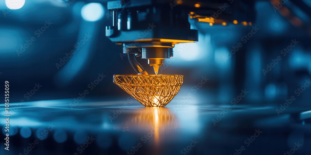 A 3D printer creating a complex part layer by layer, symbolizing additive manufacturing, 3D printing production, technology manufacturing