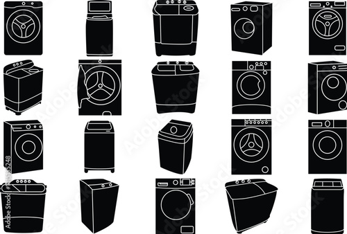Washing machine laundry silhouette icon set for T-Shirt and logo.