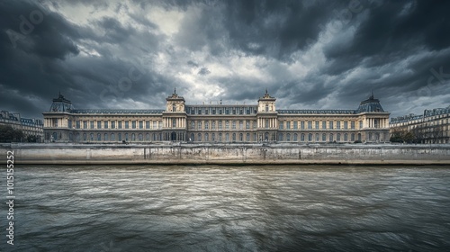The grandiose exterior of the Palais Bourbon, home to the French National Assembly, standing proud along the Seine.