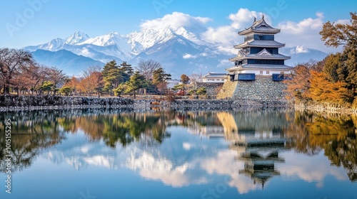 The historic Matsumoto Castle in Nagano, surrounded by water and framed by the snow-capped Japanese Alps.