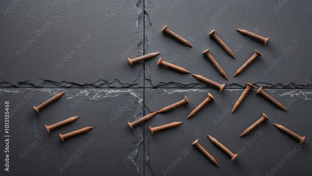 Nails on Dark Slate Tile Surface for Textural Contrast Nails on Dark Slate Tile Surface for Textural Contrast