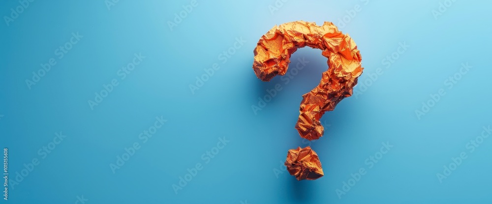 A vibrant orange question mark made of crumpled paper stands out against a bright blue background, symbolizing curiosity and inquiry, Ideal for use in educational and promotional materials, A vibrant orange question mark made of crumpled paper stands out against a bright blue background, symbolizing curiosity and inquiry, Ideal for use in educational and promotional materials,