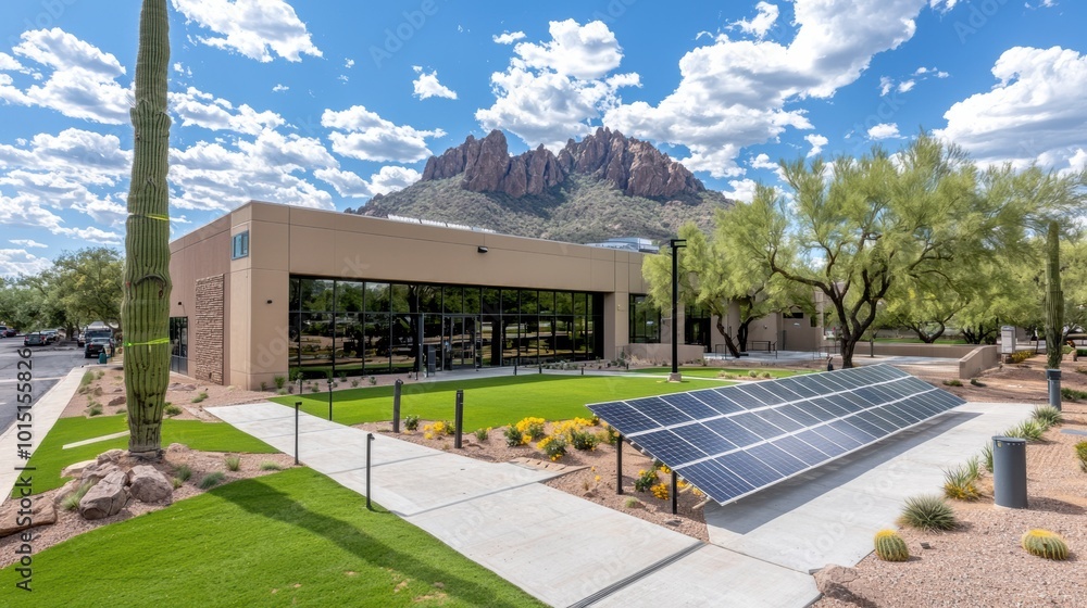 Modern Building with Solar Panels and Desert Landscape Modern Building with Solar Panels and Desert Landscape