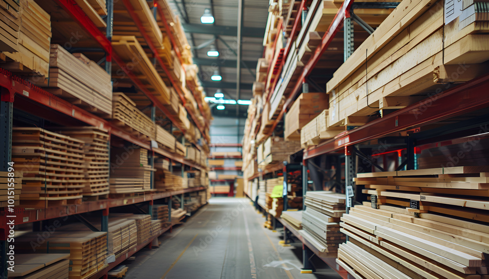 Stacks of timber planks in a warehouse, representing timber building supplies Stacks of timber planks in a warehouse, representing timber building supplies