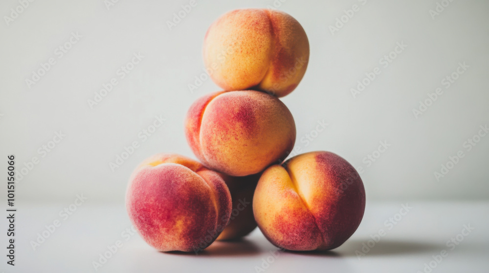 Fresh, ripe peaches stacked neatly against a light background highlighting their vibrant colors and natural textures Fresh, ripe peaches stacked neatly against a light background highlighting their vibrant colors and natural textures