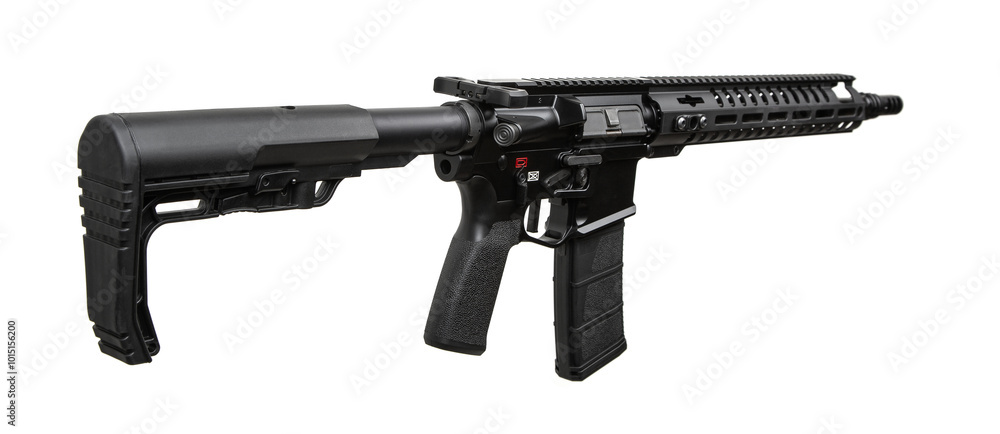 Modern automatic rifle isolated on white background. Weapons for police, special forces and the army. Automatic carbine. Assault rifle on white. Modern automatic rifle isolated on white background. Weapons for police, special forces and the army. Automatic carbine. Assault rifle on white.