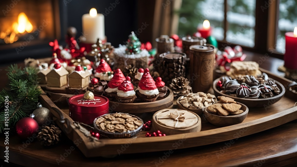 Festive Holiday Dessert Platter With Cookies and Decorations Near a Cozy Fireplace Festive Holiday Dessert Platter With Cookies and Decorations Near a Cozy Fireplace