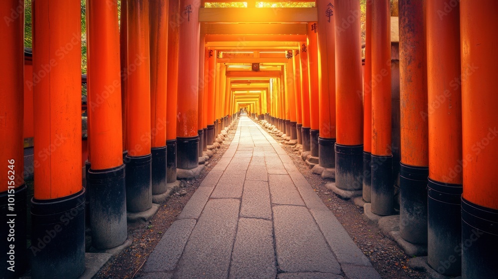 The majestic Fushimi Inari Shrine in Kyoto, featuring its famous pathway of vibrant red torii gates stretching into the distance. The majestic Fushimi Inari Shrine in Kyoto, featuring its famous pathway of vibrant red torii gates stretching into the distance.
