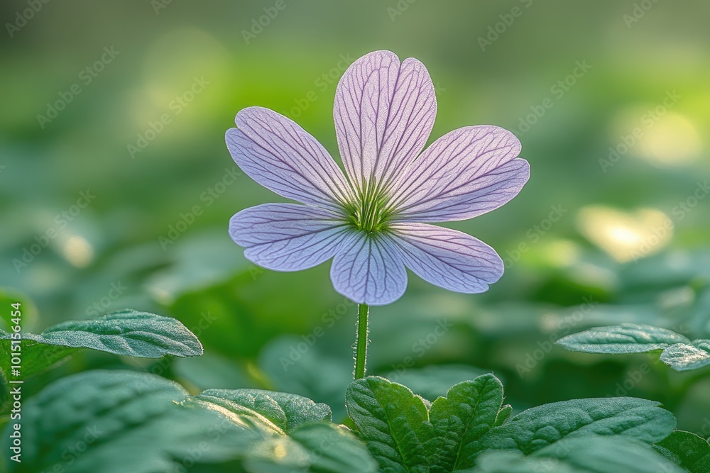 Φωτογραφία A Single Delicate Purple Wildflower Blooms in Green Foliage