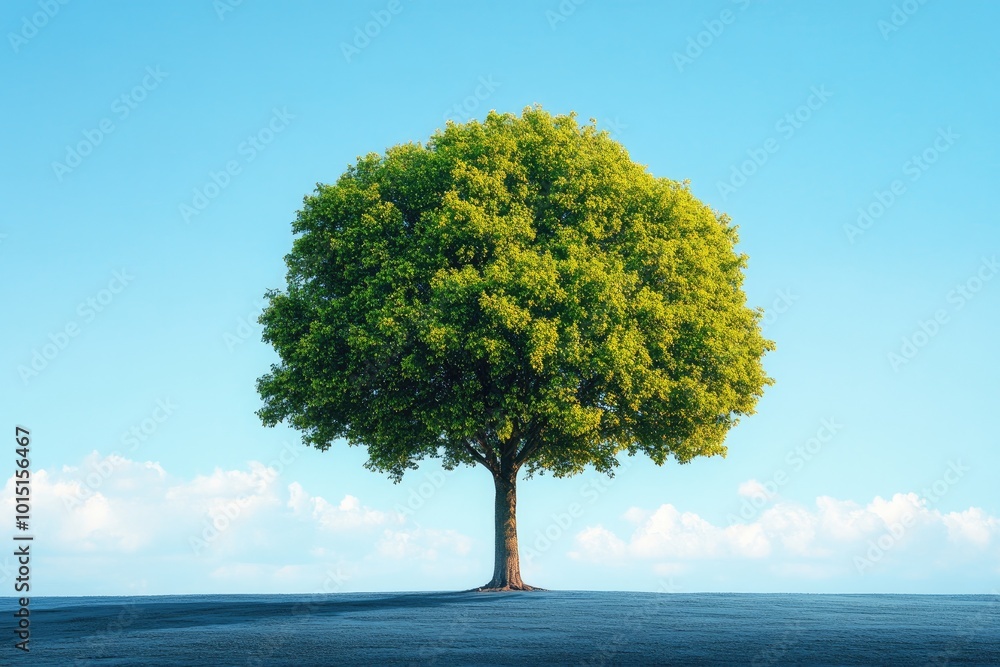 A Single Green Tree Standing Alone on a Blue Field Under a Blue Sky with White Clouds A Single Green Tree Standing Alone on a Blue Field Under a Blue Sky with White Clouds