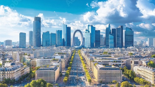 The modern La Dfense district, with its towering skyscrapers and the Grande Arche dominating the skyline. photo