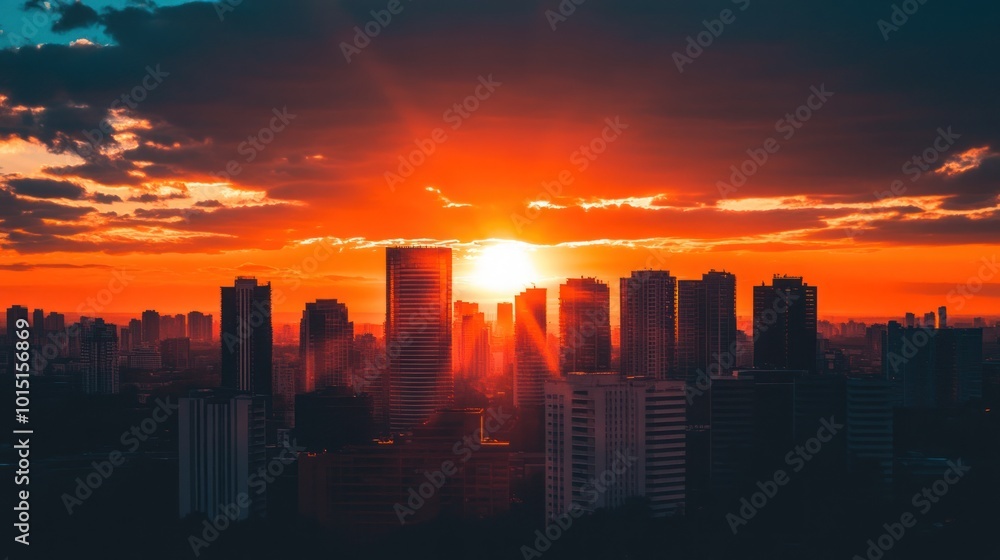 A dramatic sunset over a city skyline with skyscrapers silhouetted against the fiery sky. A dramatic sunset over a city skyline with skyscrapers silhouetted against the fiery sky.
