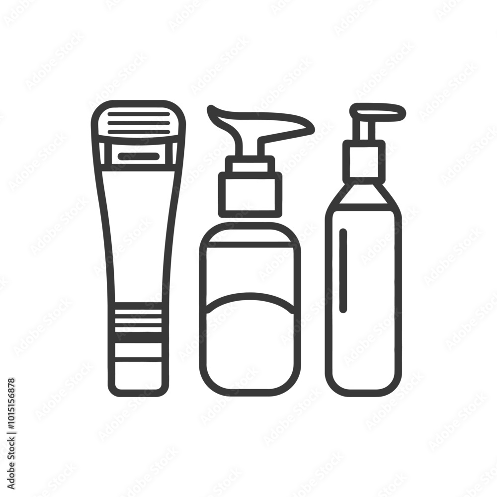 Line Art Illustration of Three Bottles of Beauty Products Line Art Illustration of Three Bottles of Beauty Products