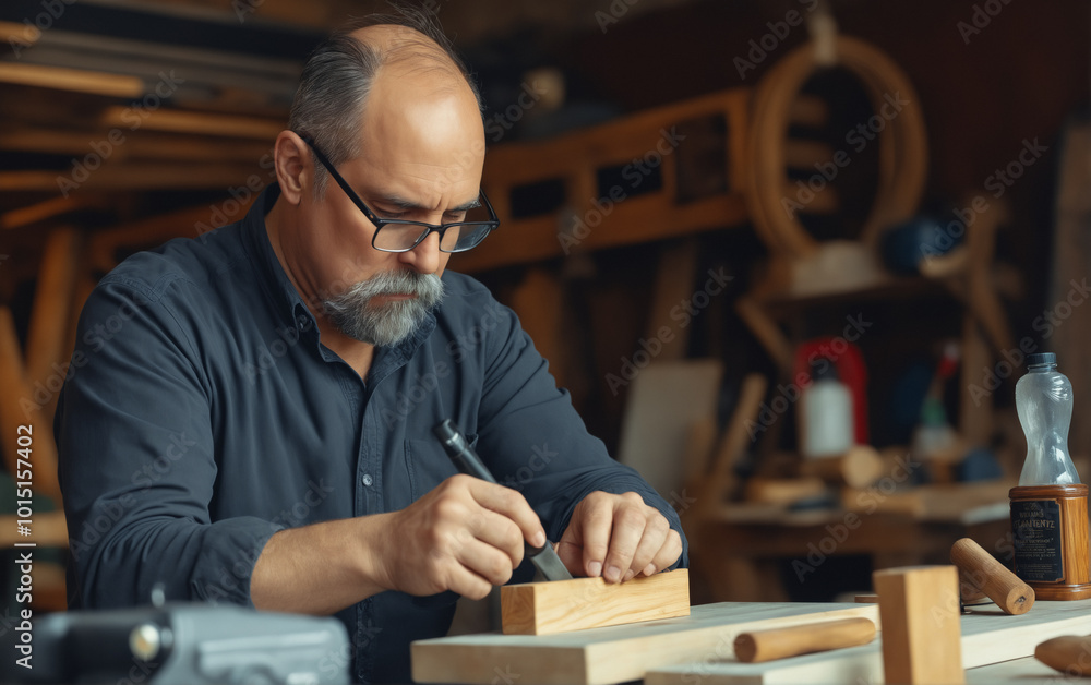 A man works with wood in his workshop. Handcrafted woodwork. A carpenter at work. A man works with wood in his workshop. Handcrafted woodwork. A carpenter at work.