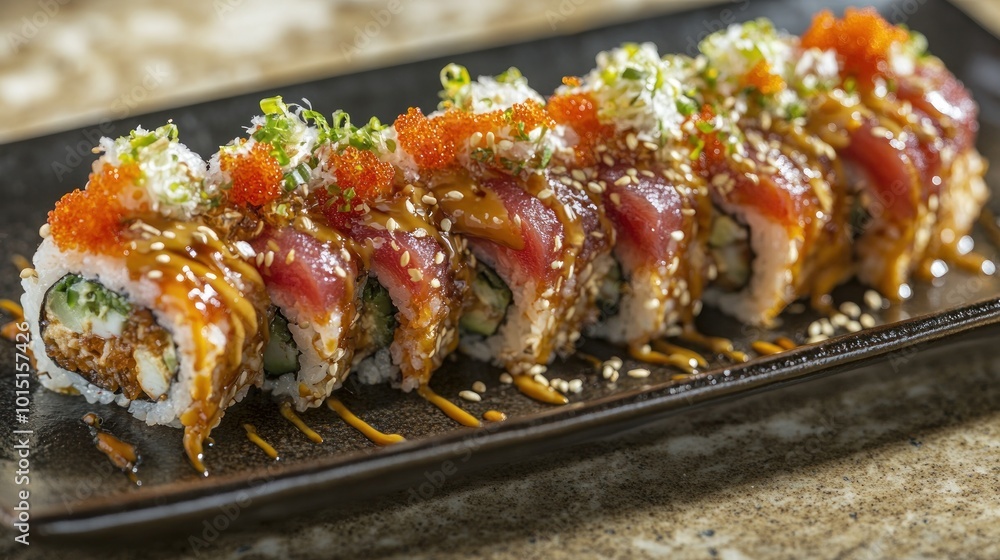 A close-up of a plate of sushi rolls topped with tuna, tobiko, and a drizzle of sauce. A close-up of a plate of sushi rolls topped with tuna, tobiko, and a drizzle of sauce.