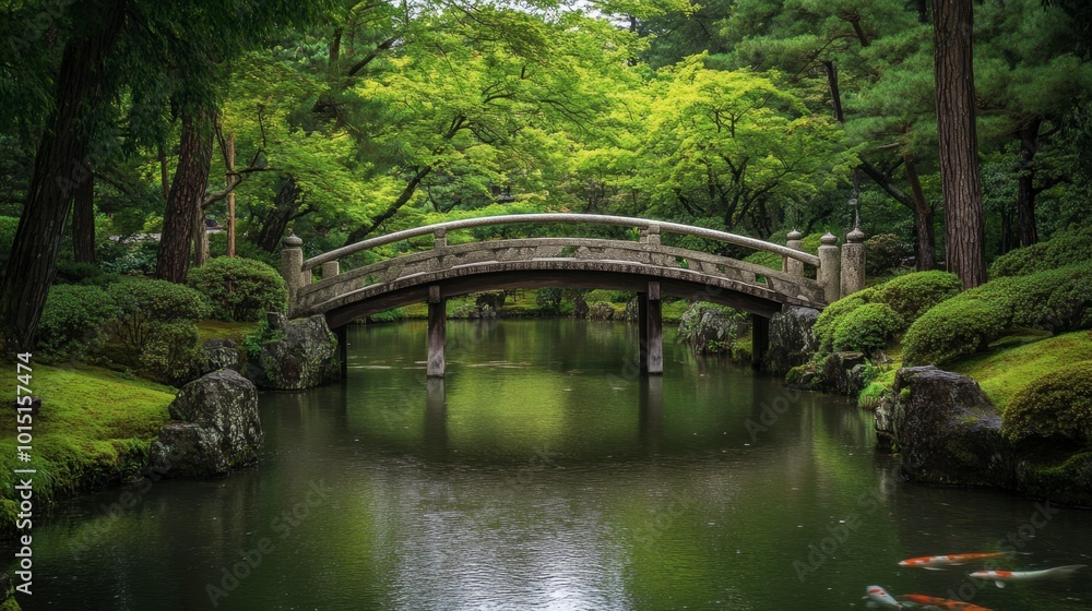 Fototapeta premium The serene Kenroku-en Garden in Kanazawa, one of Japan most beautiful landscapes, with a koi pond and stone bridges.