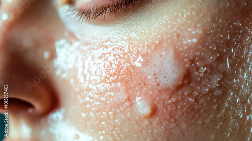 Close-up of a person applying facial cleanser with foam on their skin during a skincare routine in a well-lit bathroom setting