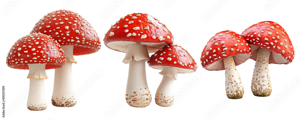 Vibrant Red Mushrooms with White Spots on Caps Vibrant Red Mushrooms with White Spots on Caps