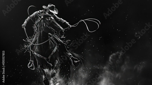 Cowboy Riding a Horse With a Lasso in a Black and White Image
