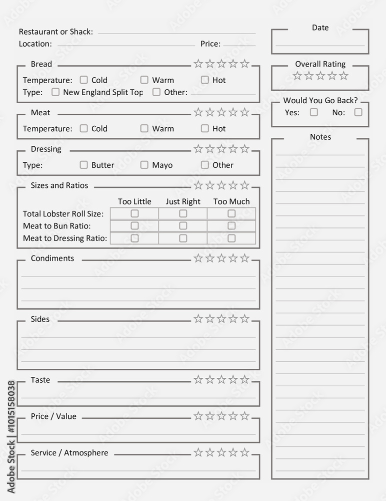 Lobster Roll Review Sheet - Lobster Roll Rating Sheet - Lobster Roll Tasting Printable Paper Lobster Roll Review Sheet - Lobster Roll Rating Sheet - Lobster Roll Tasting Printable Paper