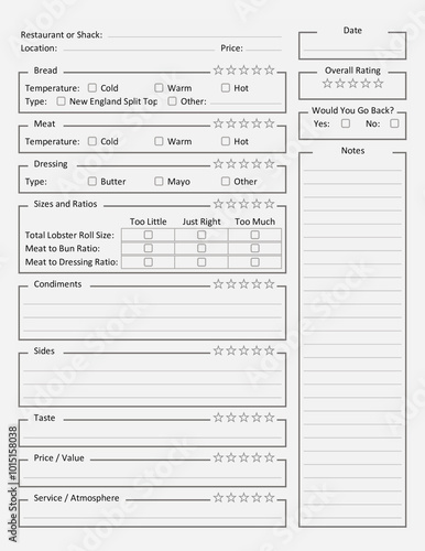 Lobster Roll Review Sheet - Lobster Roll Rating Sheet - Lobster Roll Tasting Printable Paper