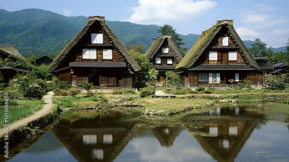 The traditional thatched-roof houses in the historic village of Shirakawa-go, nestled in the Japanese Alps. The traditional thatched-roof houses in the historic village of Shirakawa-go, nestled in the Japanese Alps.