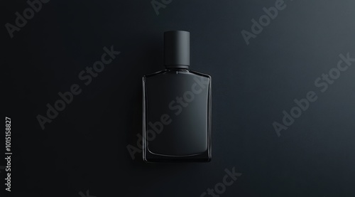 men's perfume bottle with a clean and austere design on a plain, matte black background. Mockup for design