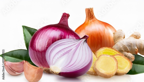 Collection of red and white onions with ginger and garlic on a white background.