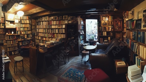 The vintage charm of the Shakespeare and Company bookstore  with books stacked high in a cozy  intimate space.