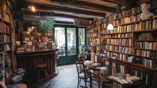 The vintage charm of the Shakespeare and Company bookstore  with books stacked high in a cozy  intimate space.
