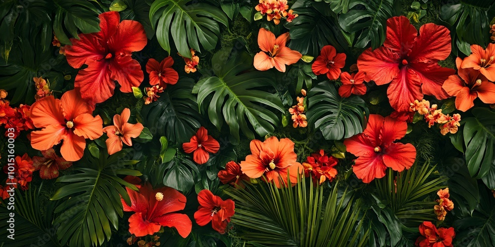 A lush green tropical foliage with vibrant red and orange flowers. A lush green tropical foliage with vibrant red and orange flowers.