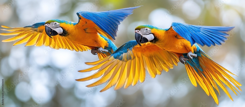 Two blue and yellow macaws flying in the air, one above the othe Two blue and yellow macaws flying in the air, one above the othe