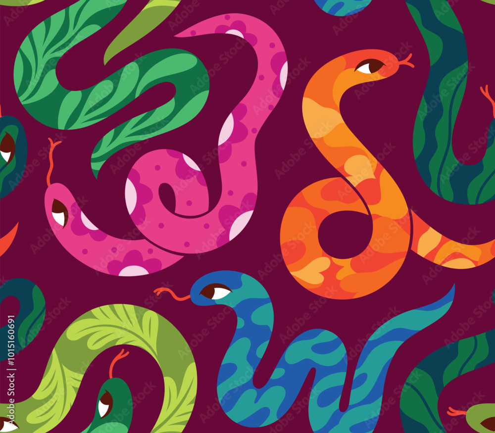 Tropical snakes isolated on very dark pink seamless pattern. Tropical snakes isolated on very dark pink seamless pattern.