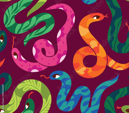 Tropical snakes isolated on very dark pink seamless pattern.