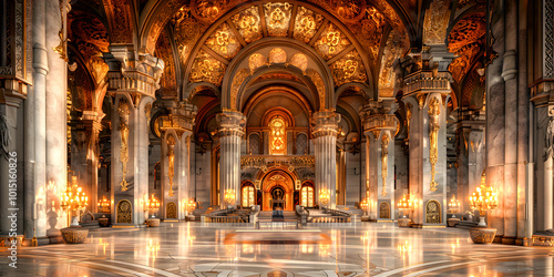 Liturgical interior in Byzantine style, with towering marble columns and sumptuous gilded decorations, intricate arches and mosaics of Eastern Orthodox architecture. photo