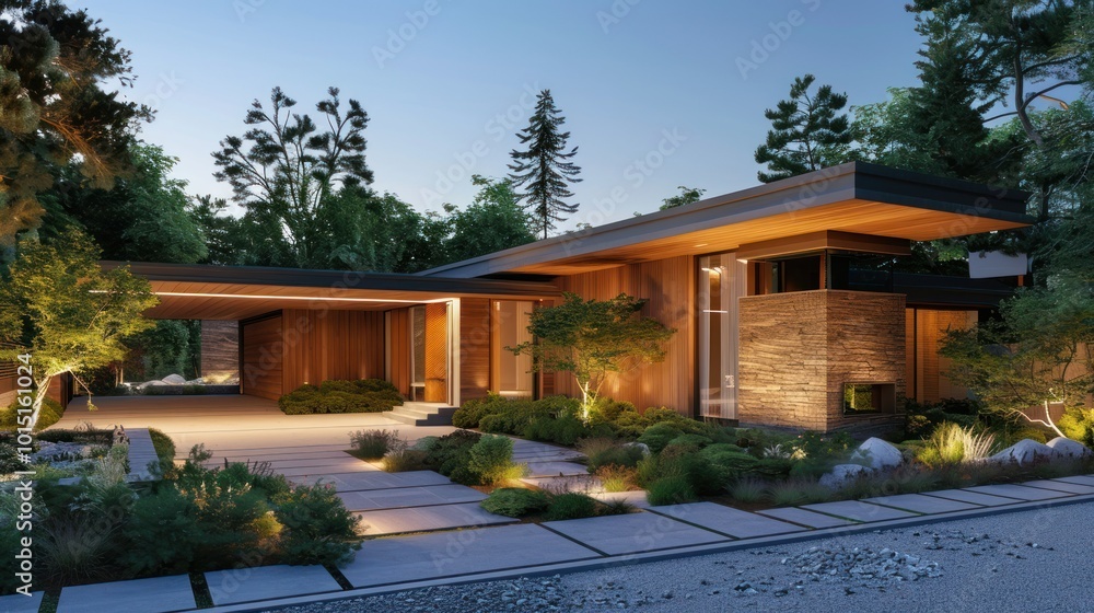 Modern Wooden House with Stone Accents and Landscaped Yard at Dusk Modern Wooden House with Stone Accents and Landscaped Yard at Dusk