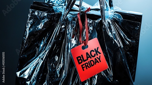 Black Friday shopping bag with tag, showcasing retail excitement. photo