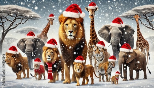 Fototapeta Naklejka Na Ścianę i Meble -  African animals with christmas hats