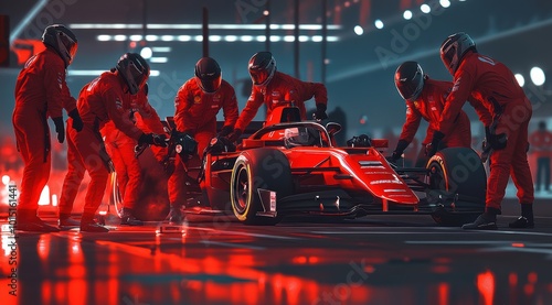 Professional pit crew ready for action as their team's race car arrives in the pit lane during a pitstop of a car race, concept of Professional teamwork. photo