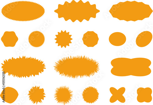 Starburst orange sticker set for halloween - collection of special offer sale oval and round shaped sunburst labels and badges. Promo stickers with star edges. Vector.
